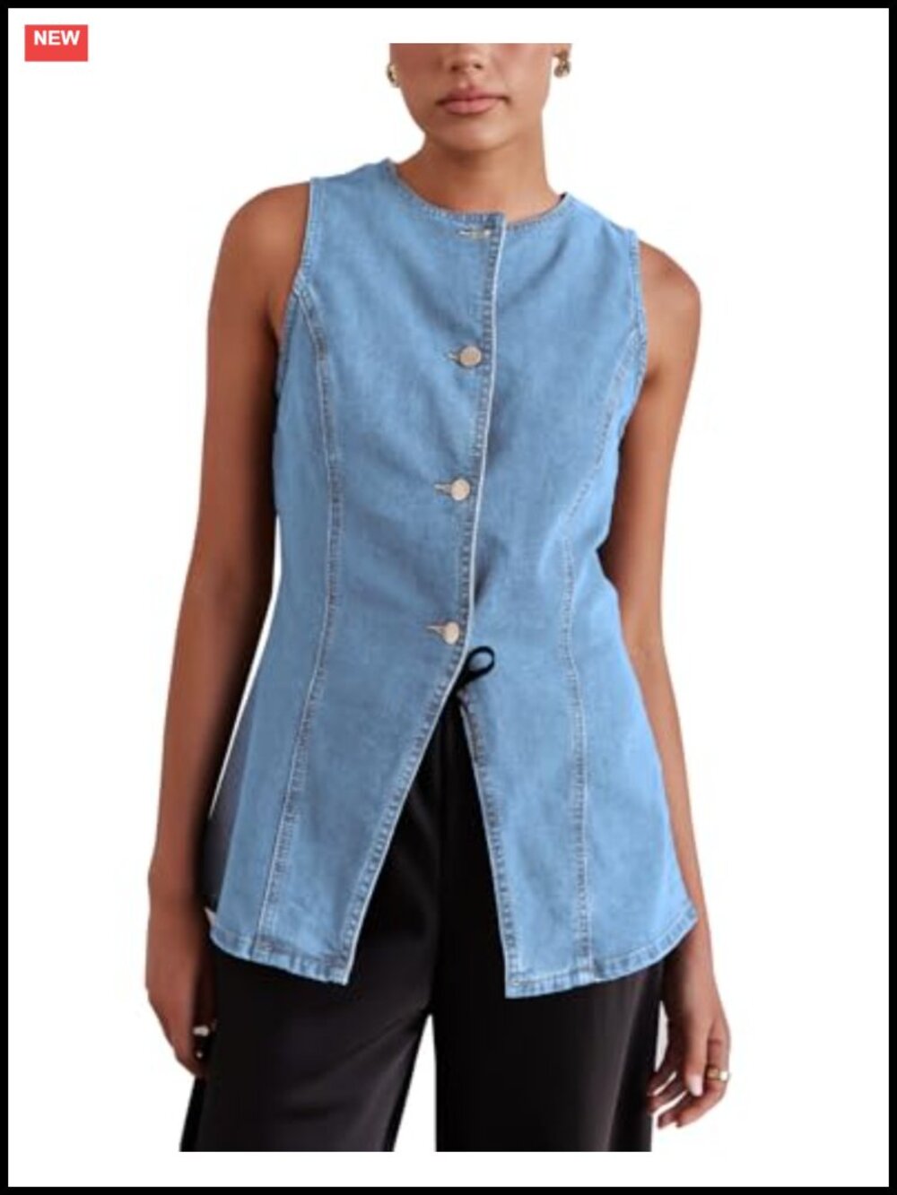 Women's Long Denim Vest Sleeveless Button-Up Back Slit Jean Jacket Vest